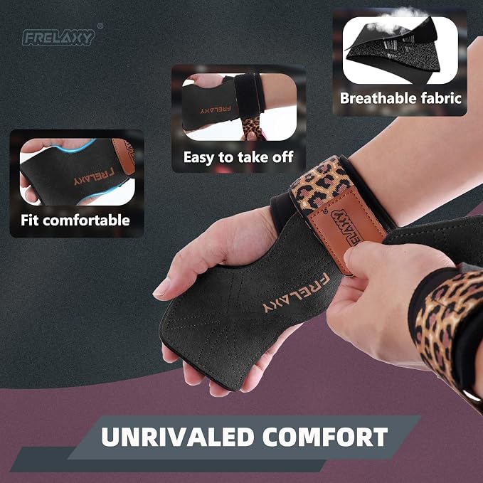 Frelaxy Lifting Wrist Straps for Women and Men, Weight Lifting Grips | Double-layer leather, Cushioned wrist support, Durable construction, Storage pouch, Deadlifts, rows, lat pulldowns