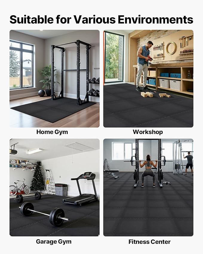 VEVOR 0.56Inch 48sq.ft 12 Tiles Gym Flooring for Home Gym, Rubber Top with High Density EVA Foam, 24 x 24In Gym Floor Exercise Equipment Mats, Interlocking Gym Mats, Puzzle Workout Mats, Black | Rubber Top with High Density EVA Foam, Lightweight Gym Fl...