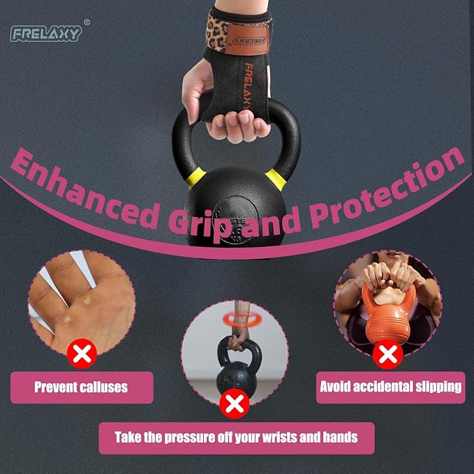 Frelaxy Lifting Wrist Straps for Women and Men, Weight Lifting Grips | Double-layer leather, Cushioned wrist support, Durable construction, Storage pouch, Deadlifts, rows, lat pulldowns