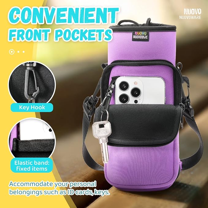 Nuovoware Water Bottle Carrier Bag, 25oz/32oz Bottle Pouch Holder, Adjustable Shoulder Hand Strap 2 Pocket Sling Neoprene Sleeve Sports Water Bottle Bag for Men Women Hiking Travel, Taro Purple | Adjustable Shoulder Hand Strap, 2 Pocket, Neoprene Sleev...