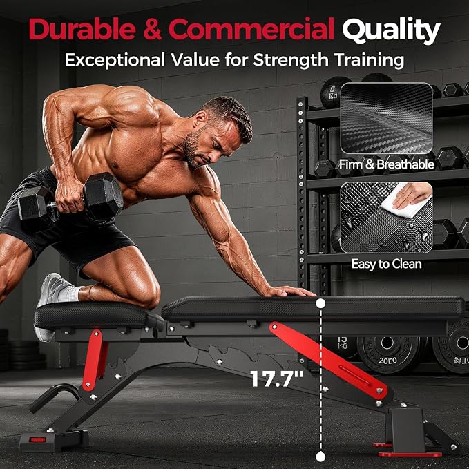 FLYBIRD WB7 Weight Bench, 1300LBS Commercial Adjustable Weight Bench, Workout Bench for Home Gym, Flat Incline Bench Press Heavy Duty Bench with 34'' Extra-Long Backrest and Easy-Roll Wheels