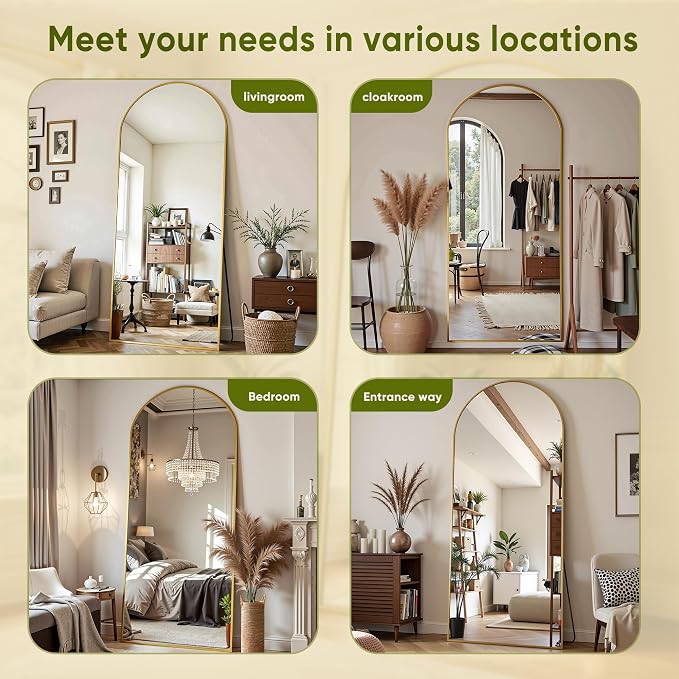 Floor Mirror, 76"x34" Oversized Full Length Mirror with Stand, Arched Full Body Mirror Standing Hanging Leaning Against Wall, Aluminum Frame Giant Mirrors for Bedroom Cloakroom, Gold