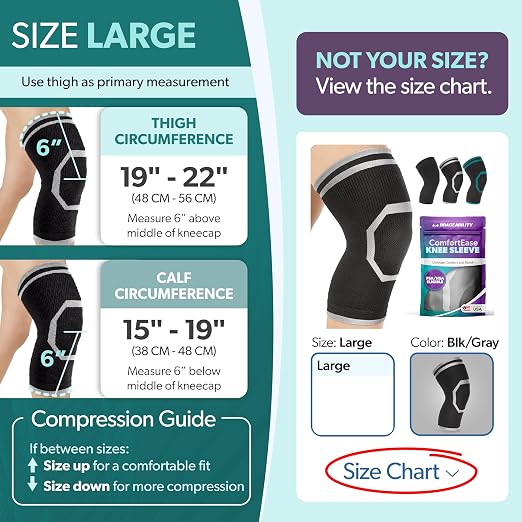 BraceAbility Knee Compression Sleeve for Women and Men - ComfortEase Knee Pain Brace Support for Arthritis, Swelling, Joint Stiffness, Recovery, All-Day Comfort and Relief (L - Black/Gray)