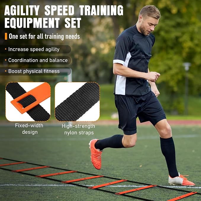 Agility Ladder, Agility Speed Training Equipment Set, 20ft Speed Ladder | 4 Hurdles, 12 Soccer Cones, Jump Rope, Running Parachute, Soccer Football Basketball Training Equipment Accessories