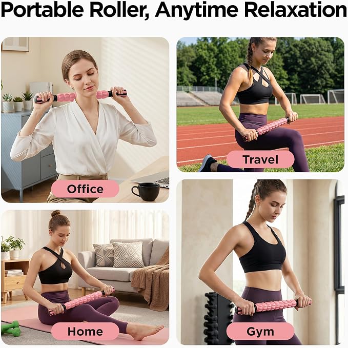 Muscle Roller & Massage Roller Stick for Athletes - Lymphatic Drainage Support, Relieves Muscle Soreness, Cramping & Tightness - Targets Legs, Arms, Back & Calves （Pink ）