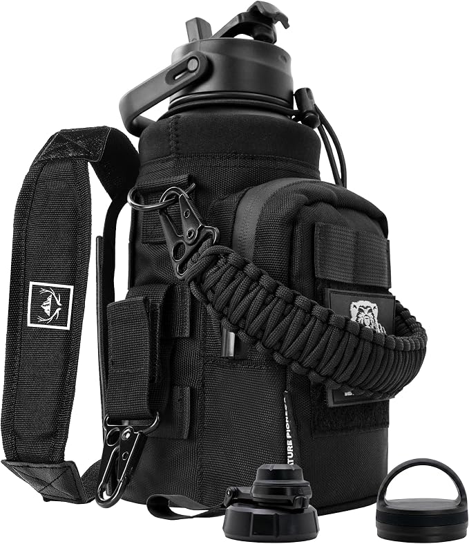 NATURE PIONEOR 32 oz Tactical Water Bottle with MOLLE Bottle Pouch & 3 Lids | 18/8 Food-grade Stainless Steel, Double Vacuum Insulation, 3 Leak-proof Lids, Handle, Strap, Camping, Hiking, Gym, Work