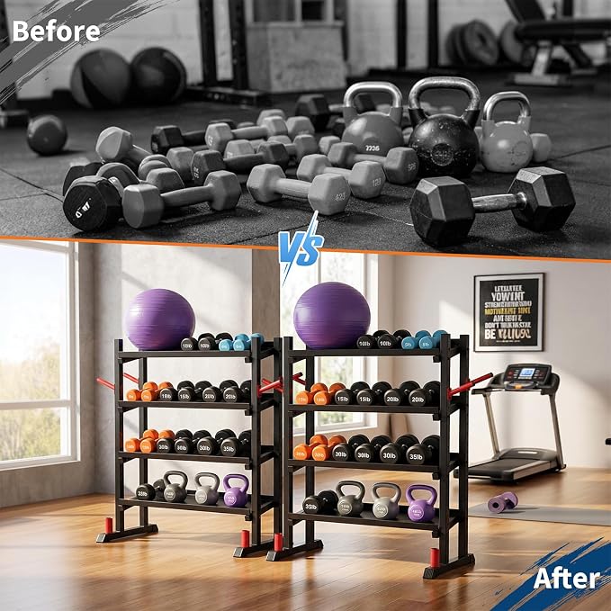 3-Tiers Dumbbell Rack, 1300LB Capacity Adjustable Weight Rack for Home Gym, H-Frame & Trapezoidal-Frame Weight Stand for Dumbells, Kettlebells, Barbells, Weight Plates