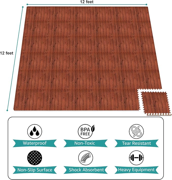 Sorbus Wood Grain Floor Tiles Foam Mat EVA Interlocking Mats Tile 3/8-Inch Thick Flooring Wood Puzzle Exercise Mats w/Borders - Home Playroom Basement, Apartment, Trade Show, Baby, Dance
