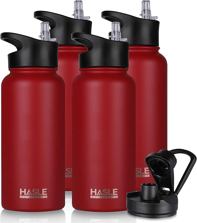 HASLE OUTFITTERS 32 oz Insulated Water Bottle Stainless Steel Double Walled Vacuum Sports Water Bottle with 2 Lids (Straw and Spout Lid) for Gym Camping Hiking(Red,4)