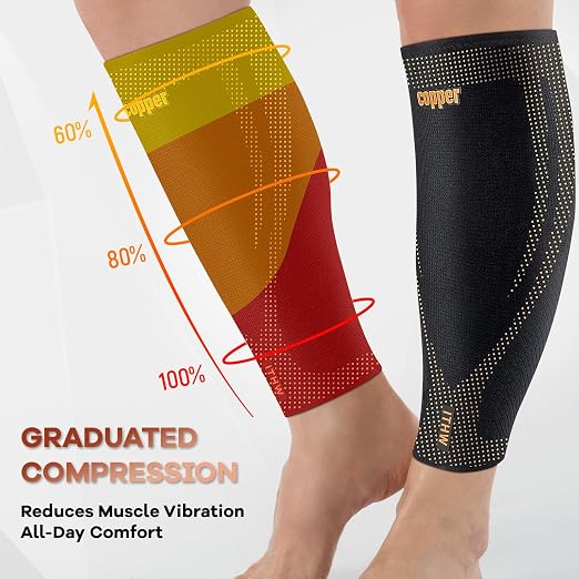 Copper Calf Compression Sleeves for Men & Women - Shin Splints Relief | High Stretch Graduated Compression with Anti-Slip Grip | Breathable & Smooth Lining Footless Design for Runner