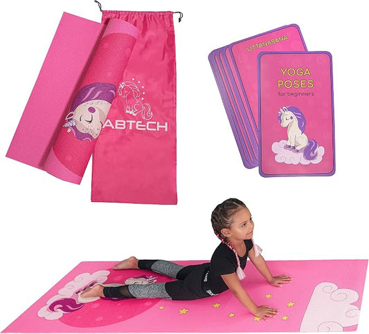 Kids Yoga Mat Set - Comfortable Dinosaur Kid Yoga Mat Boy with 12 Yoga Cards, Storage Bag, Beige Play Mat Thick for Gymnastics Mat, Exercise Mat, No-Toxic and Non-Slip for Ages 3-12