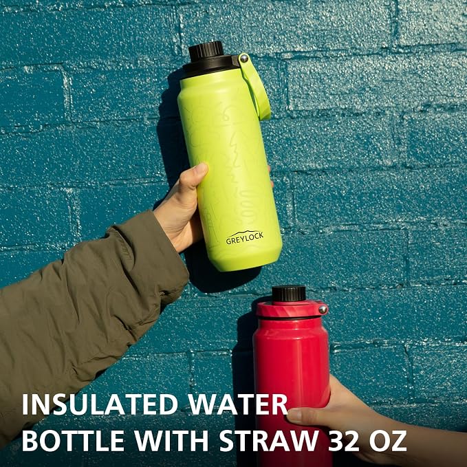 GREYLOCK 32 oz Insulated Water Bottle with Straw Lid, Leakproof Reusable Stainless Steel Vacuum Flask, 24hr Cold & Hot, Carry Handle & Silicone Spout, BPA-Free for Gym, Hiking, Travel,Green
