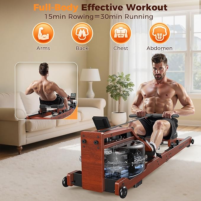 YOSUDA Water Rowing Machines for Home Use - Wooden Foldable Immersive Water Rower Machine 400LBS Weight Capacity with Dedicated Monitor & Bluetooth APP, Large Tank, Comfortable Seat