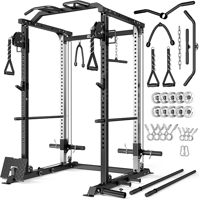 DP01 Power Cage, 2000LBS Squat Rack with Cable Crossover and Dual Independent Pulley System, Full Cage for Full Body Training, Power Rack with More Training Attachments for Home Gym