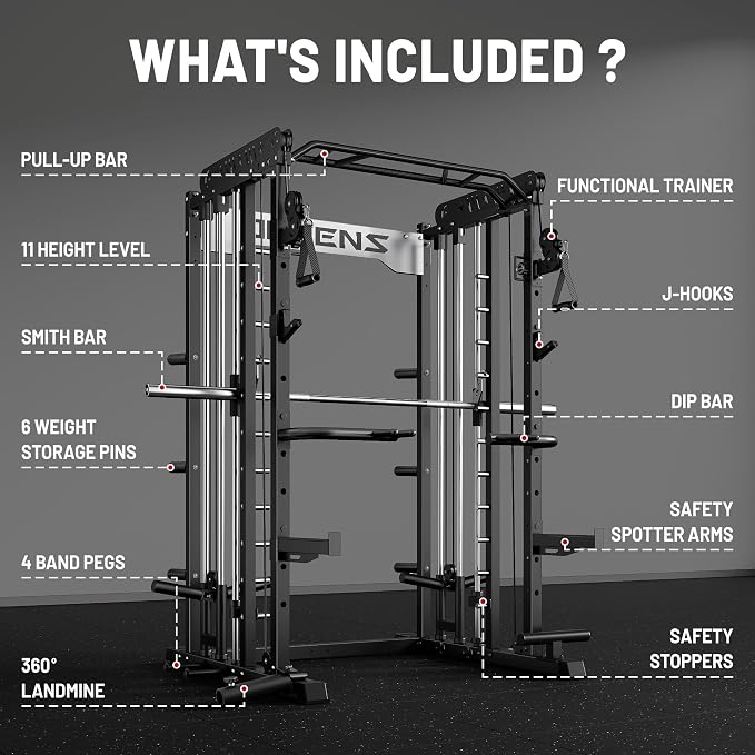 JELENS Smith Machine for Home Gym, Multi-Function M12 Power Cage with Cable Crossover System, Squat Rack with Smith Bar and More Attachment