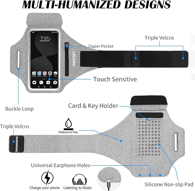 Running Armband with Earphone Pouch Fits Phones up to 6.9" | Cell Phone Armband for iPhone, Water Resistant & Breathable Sports Phone Holder & Zipper Pocket Car Key Holder for Jogging