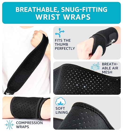 Breathable Wrist Brace (2 Pack) for Relieve Wrist Pain from Carpal Tunnel, Arthritis, Tendonitis, Sprain, TFCC | Adjustable Wrist Wraps Support for Weightlifting, Tennis - Fits All (Black)