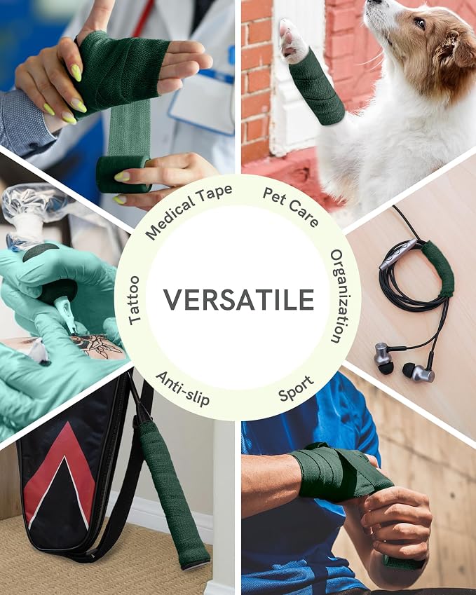FriCARE Self Adhesive Bandage Wrap, Medical Tape in First Aid Kit | Elastic Cohesive Bandages for Sports/Vet/Wrist Ankle Wounds, 2 Inches X 5 Yards, Latex-free 6 Rolls, Hunter Green