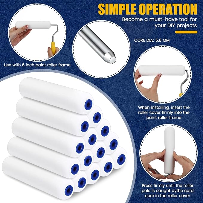 Leumoi 80 Pack Foam Paint Roller 6 Inch Small Paint Roller Covers High Density Foam Roller Sponge Rollers for Painting Doors Wall Cabinet Cupboards Ceilings Brings Smooth Finishes Flat Surfaces