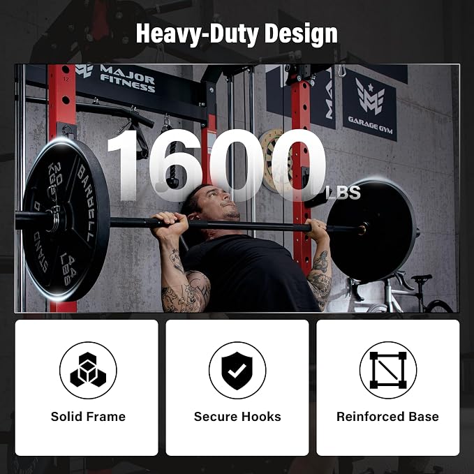 MAJOR FITNESS F22 Power Rack, 1600lbs All-in-One Squat Rack with Dual Pulley System, Heavy-Duty Steel Frame, Attachments & Storage for Home Gym Strength Training