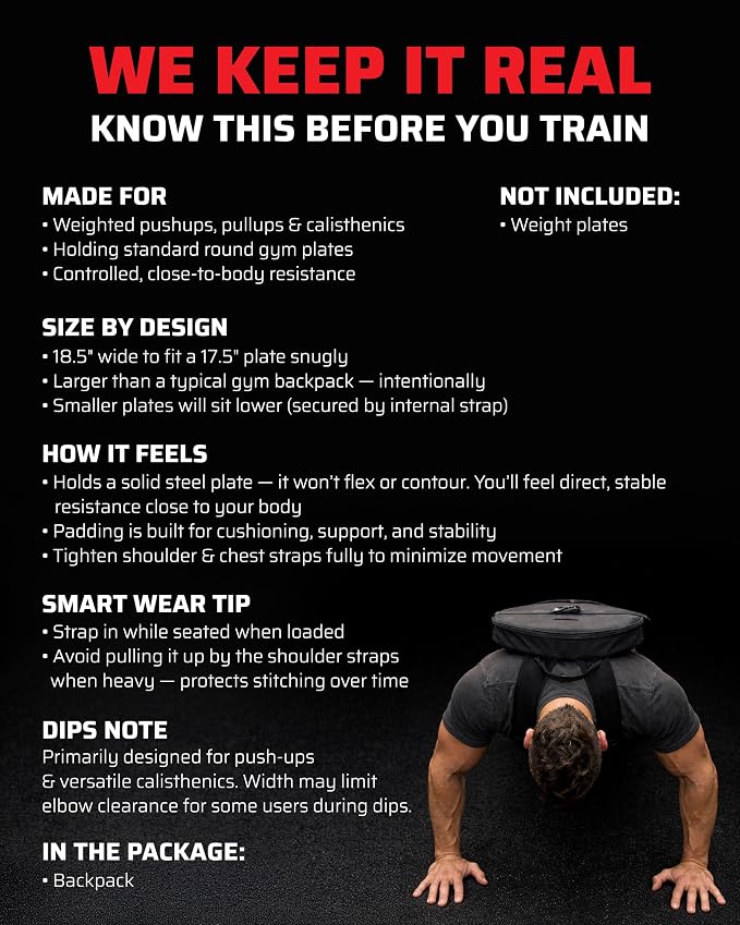 THEFITGUY Weighted Backpack for Gym Plate - for Pushups, Pullups, Squats | Fits Up to 17.5” Diameter, 2.5” Thick Plate, Wear on Back or Front, Padded Straps & Secure Buckles - For Home & Gym