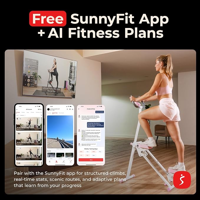 Sunny Health & Fitness Stair Stepper for Home | SunnyFit App Connection, Long Stride Length, Home Gym Exercise, Compact Foldable, Leg and Glute Training