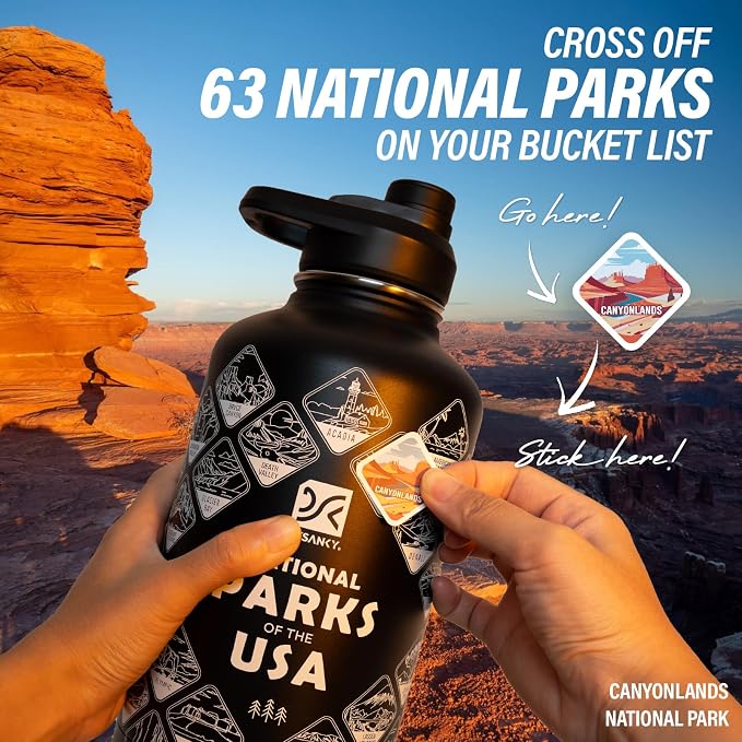 DYSANKY National Parks Water Bottle – 64 oz Insulated Stainless Steel Bottle with 63 Hand-Drawn Park Stickers, Carrier Bag, Strap & Gift Box – BPA-Free – Ideal for Hiking, Camping & Travel
