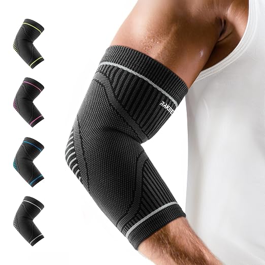 Rakiie Elbow Compression Sleeve 2 Pack, High Elastic Elbow Brace for Tendonitis and Tennis Elbow for Women & Men, Elbow Sleeve for Tennis, Golfer, Badminton, Weightlifting, Grey L