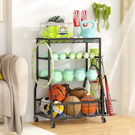 Home Gym Storage Rack, Dumbbell Rack with Yoga Mat Storage, Weight Rack Stand with Lockable Wheels and Hooks, Home Workout Equipment Organizer for Yoga, Dumbbell, Kettlebells, Ball Storage