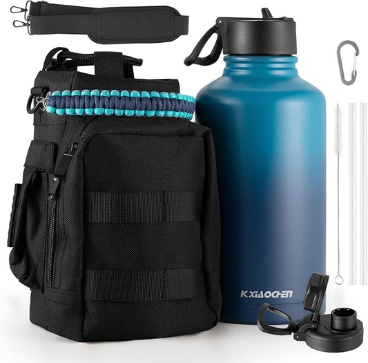 KXIAOCHEN Insulated Water Bottle with Strap, 48-Hour Cold, 2 Lids | Triple-wall insulation, lead-free 18/8 Stainless steel, paracord handle, carabiner clip, for gym, hiking, camping and travel