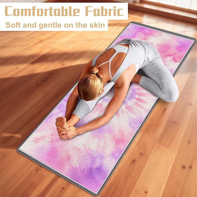 Yoga Mat Towel Non Slip Ultra-Absorbent Hot Yoga Towel, Super Stylish Printed Sweat Hot Yoga Towel, Ideal for Home, Workouts, Pilates, Yoga, 72 x 27in, Purple & Pink Tie Dye