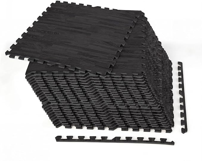 Giantex 25 Pcs Faux Wood Grain EVA Foam Tiles, 24"x24" Interlocking Floor | 100 Sq. Ft Puzzle Exercise Mats with 50 Borders, 0.4" Thick Waterproof Anti-Slip Flooring for Home Gym, Basement, Black
