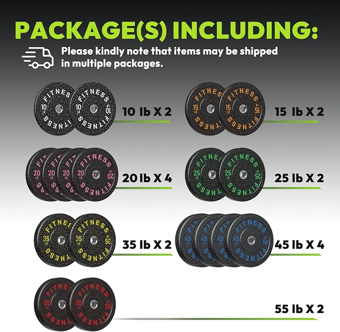 HANDBODE 2-Inch High-Bounce Bumper Plates, Olympic Weight Set, 10-650 lb | Barbell Weight Plates Set for Home Gym, Colored Weights Rubber Strength Training Plate for Weight Lifting