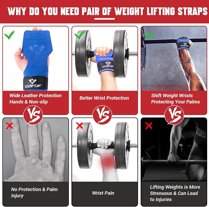 Weight Lifting Wrist Strap, Double-Layer Leather for Deadlift Powerlifting | Gym Strap with Adjustable Neoprene Padded Fit for 6.3–8 Inch Wrist, 8.07-Inch Leather Strap, Gym Workout Lifting Hook (Pair)