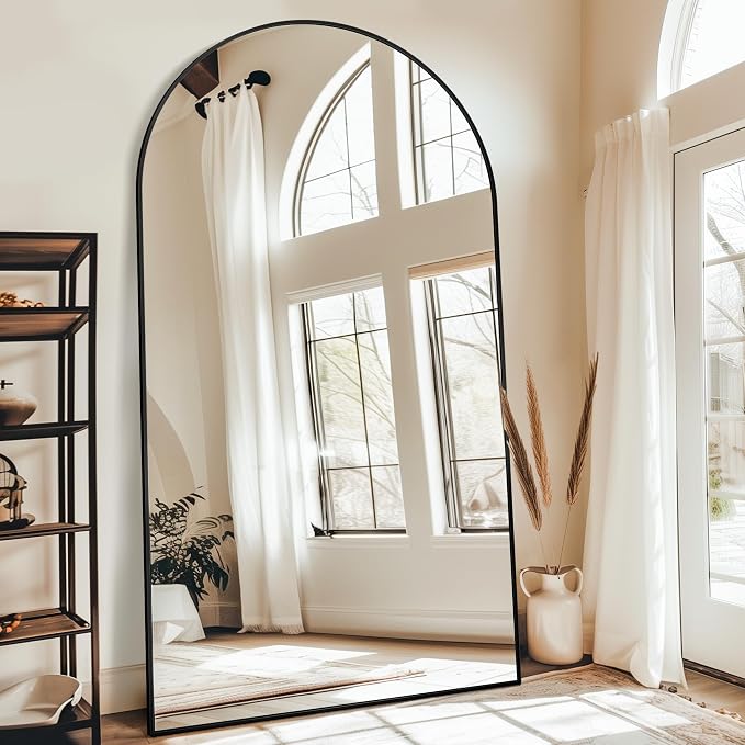 Antok 86" x46” Arched Full Length Floor Mirror, Black Aluminum Frame, Free Standing/Wall Mount/Leaning for Bedroom, Living Room, Dressing Room