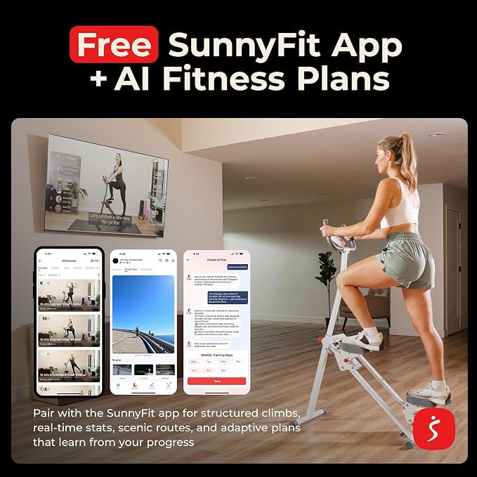 Sunny Health & Fitness Stair Stepper for Home | SunnyFit App Connection, Long Stride Length, Home Gym Exercise, Compact Foldable, Leg and Glute Training