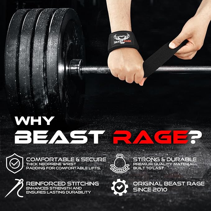 BEAST RAGE Lifting Wrist Straps for Weightlifting, Straps Gym Grip Power Workouts Lifting Straps Padded Neoprene & Premium Cotton Men Women, Deadlift Bodybuilding Exercise Lifting Straps