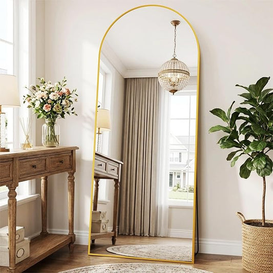 69"x28" Arched Full Length Mirror with Stand, Free Standing Leaning Wall Mounted Aluminum Alloy Frame Mirror for Bedroom Living Room Cloakroom, Gold