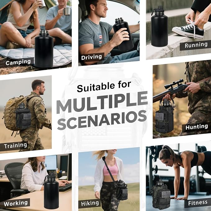 DEFUNX Half Gallon Water Bottle Insulated with Sleeve - Tactical 64 oz Stainless Steel Water Jug with MOLLE Water Bottle Pouch, Gym Water Bottles for Men Hiking Workout (Black Camo)