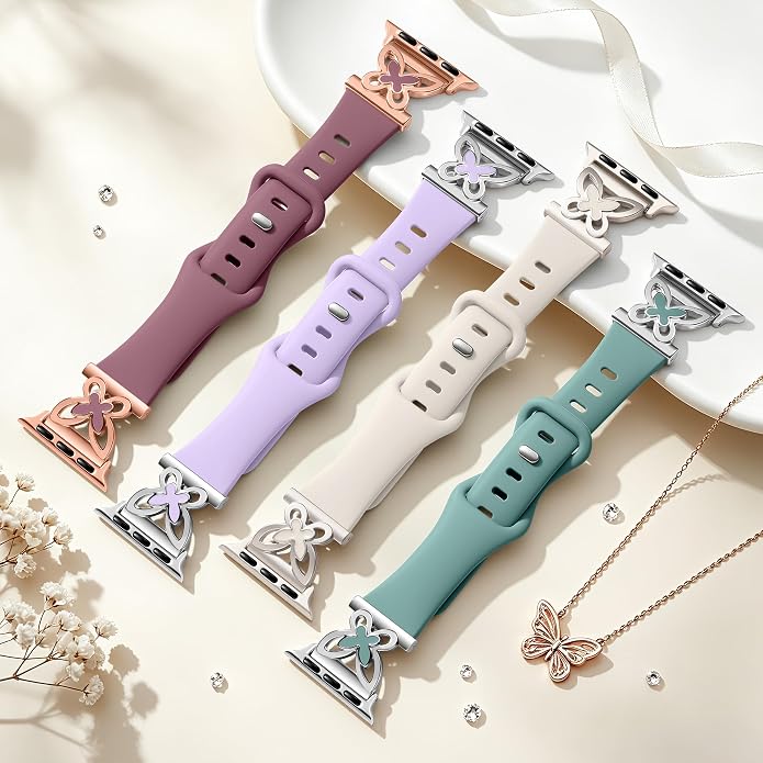 Lerobo Slim Silicone Band Compatible with Apple Watch Bands for Women | Dressy Metal Butterfly 16mm Thin Strap for iWatch Series 11 10 9 8 7 6 5 4 SE Ultra 38mm 40mm 41mm 42mm 44mm 45mm 46mm 49mm