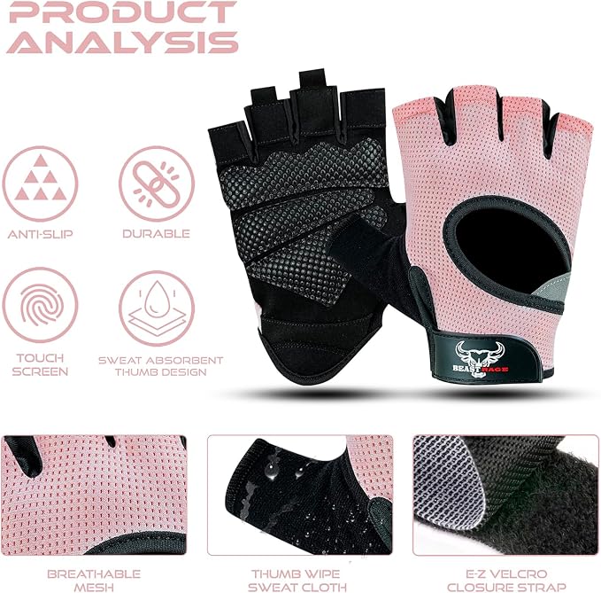 BEAST RAGE Fingerless Weight Lifting Gloves with Palm Protection Padding, Breathable Lightweight Gym Gloves for Men, Women, Weightlifting, Cycling, Exercise, Training Pull Up