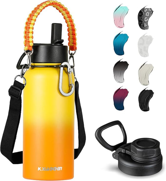 KXIAOCHEN Insulated Water Bottle with Strap, 48-Hour Cold, 2 Lids | Triple-wall insulation, lead-free 18/8 Stainless steel, paracord handle, carabiner clip, for gym, hiking, camping and travel