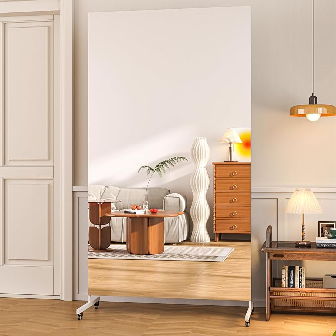 Hasipu 79" x 40" Full Length Floor Mirror on Wheels, White | Tempered glass, sturdy metal frame, smooth rolling casters, removable stand, ideal for gym, bedroom, dance studio & yoga.