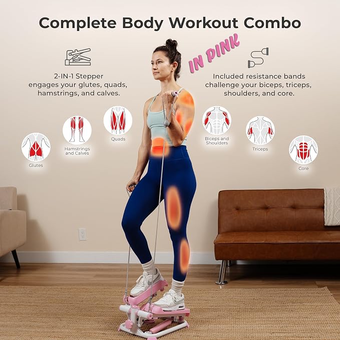Sunny Health & Fitness Mini Stair Stepper w/Resistance Bands for Home Gym | Full Body Cardio, Adjustable Step Height, Hydraulic Resistance, LCD Meter, No Assembly, 300 lb Capacity, SunnyFit App