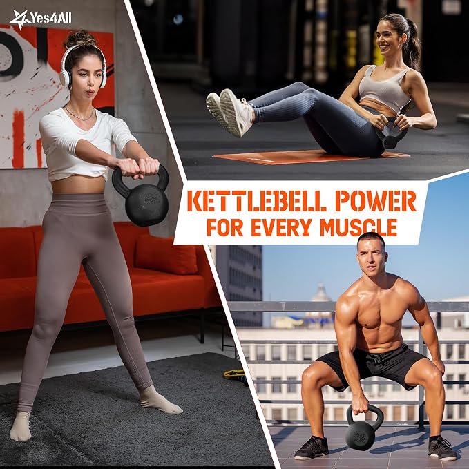 Yes4All Cast Iron Kettlebell, Strength Training Kettlebells 5-80 Lb (5,10,15,20,25,30,35,40,45,50,60,70,80 Lb) for Full Body Workout, Push up, Strength Training - Single & Kettlebell Set of 2 for Men