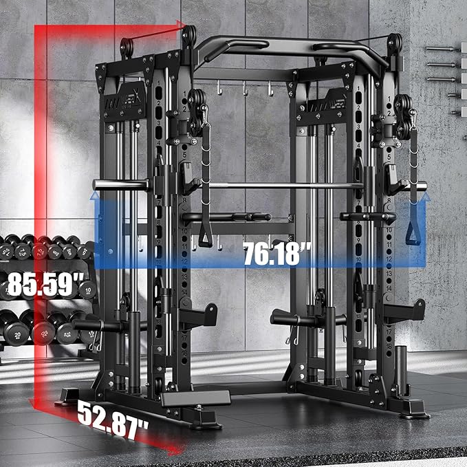 Smith Machine with Cable Crossover System, Multi-Function Power Cage Squat Rack for Home Gym, Power Rack and Packages Weight Sets.