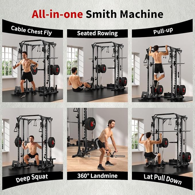 JEEKEE Power Cage with Cable Crossover System, 2000LB Multi-Function Power Rack with Independent Dual Pulleys, LAT Pulldown Seat Cushion, 20+ Attachments Squat Rack for Home Gym Workout,Black