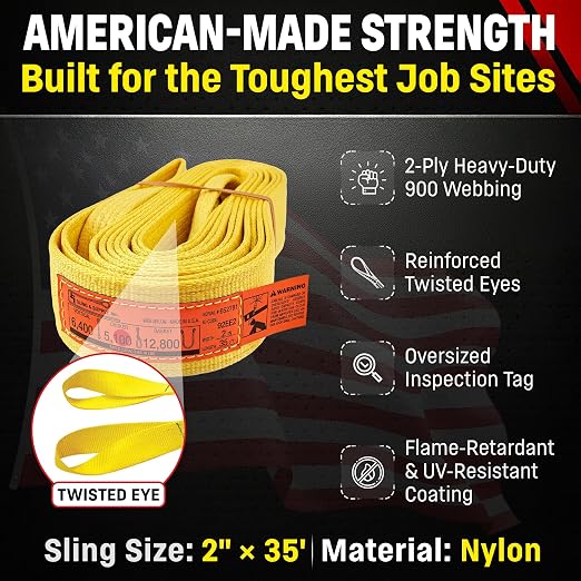 DD Sling 2 Inch x 35 Foot Nylon Lifting Sling – USA Made, 6,400 lb Vertical, 5,100 lb Choker, 12,800 lb Basket – 2-Ply Heavy Duty 900 Webbing, Type 4 Twisted Eye & Eye Rigging Sling