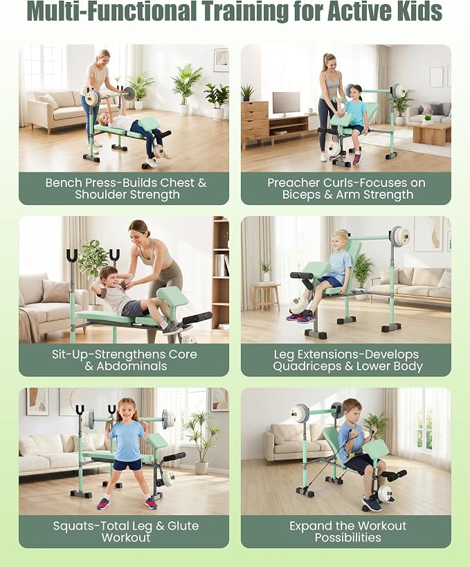 Kids Workout Equipment, Adjustable Kids Workout Bench with Preacher Pad & Leg Developer, Fillable Weight Plates for Home Gym Fitness & Exercise