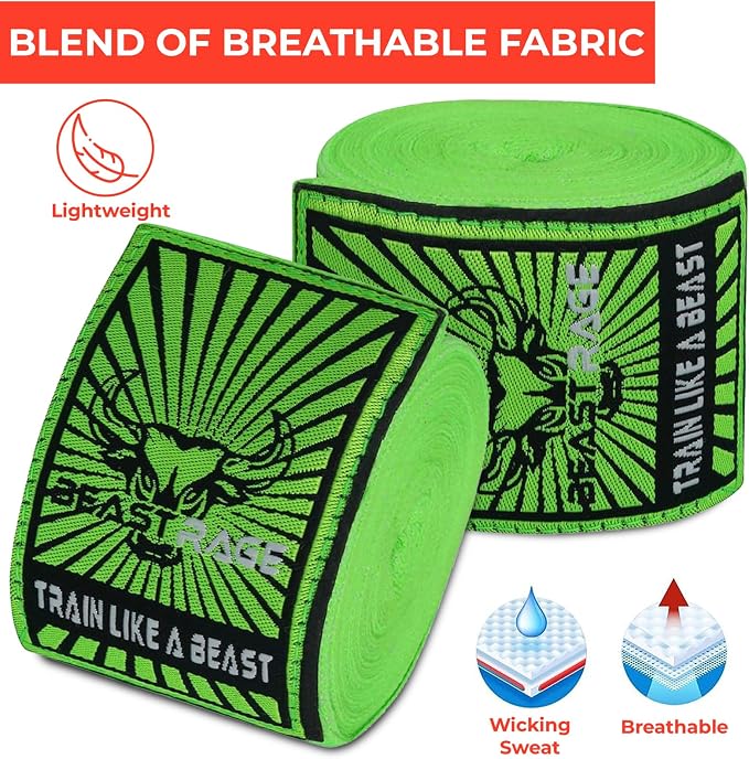 BEAST RAGE Boxing Hand Wraps for MMA Kickboxing Wrist Wraps Professional Adult 180" Semi-Elastic Martial Arts Inner Gloves Heavy Bag Handwraps Muay Thai Thumb Straps
